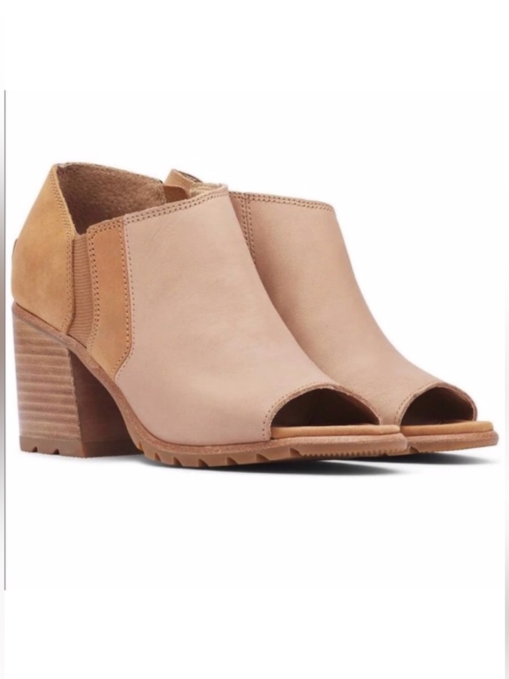 Sorel Peep-Toe Block Heel Booties in Blush and Tan
